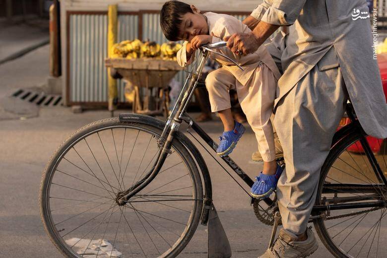 خواب عمیق پسر روی دوچرخه در حال حرکت+عکس