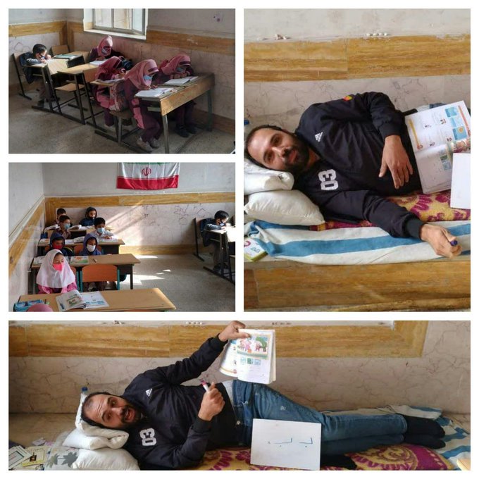 معلم ایرانی از رختخواب برای دانش آموزان تدریس کرد+عکس