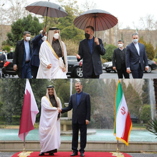 دیدار متفاوت امیر عبداللهیان و وزیر قطری زیر باران+عکس