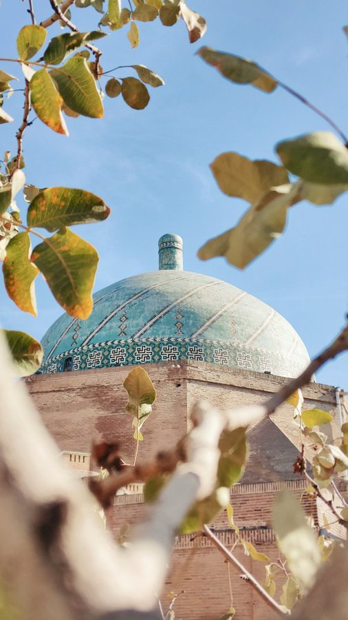 نمای گنبد مسجدجامع قزوین از میان برگ‌های درخت پسته+عکس