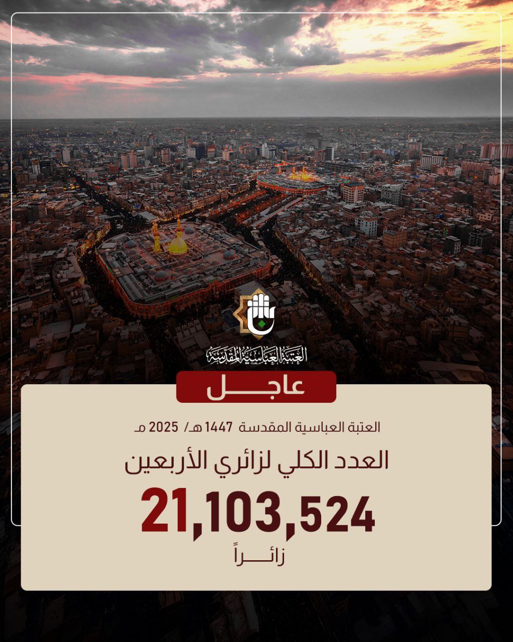 تصویر/ عتبه مقدس عباسی شمار زائران مراسم اربعین امسال را اعلام کرد