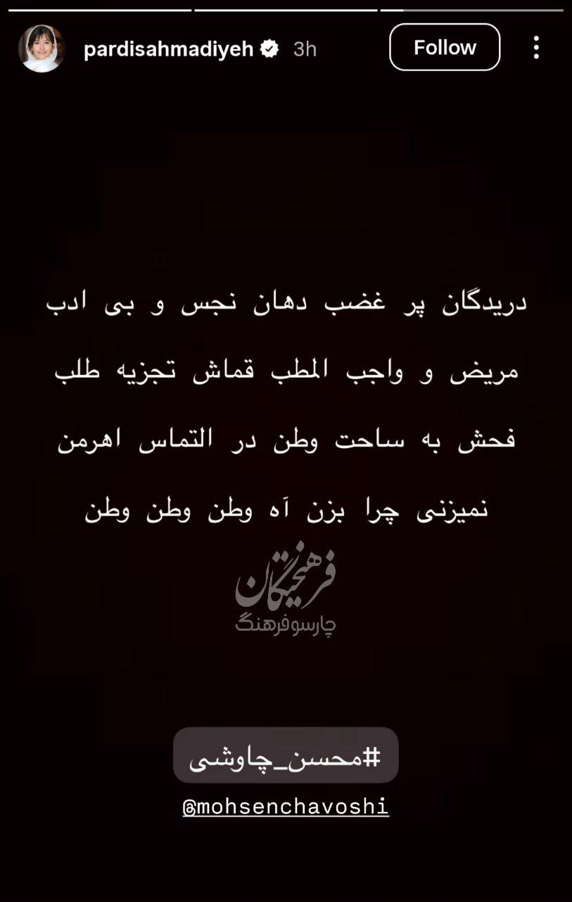استوری معنادار پردیس احمدیه برای جنگ طلبان