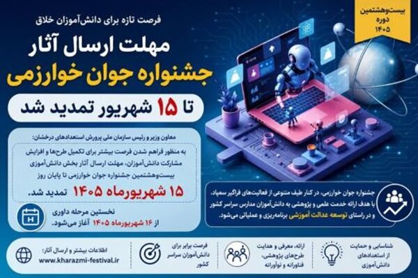  مهلت جشنواره جوان خوارزمی تا ۱۵ شهریور تمدید شد