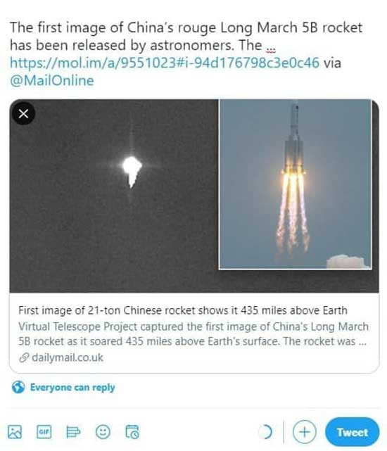 موشک از کنترل خارج شده چینی به زمین نزدیک شد+عکس